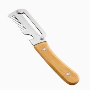 PeelPro peeler showing its curved metal blade, julienne teeth and riveted wooden handle